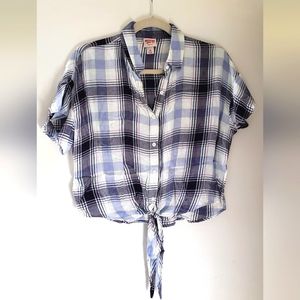 Mossimo XS blue plaid short flutter sleeve collared tie front crop top